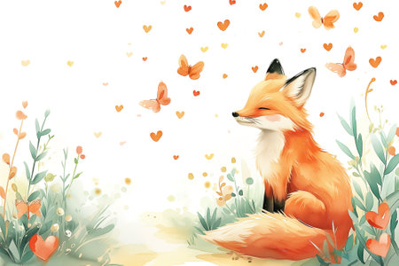 Valentine's day background with cute fox and hearts. Vector illustration.の素材
