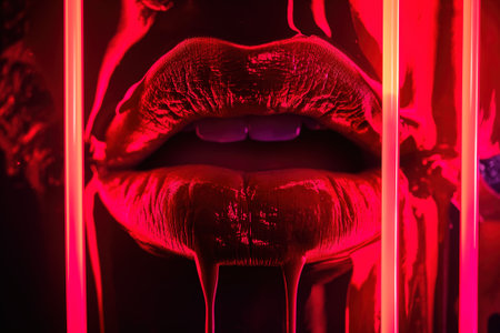 Close-up of sexy female mouth with red lipstick on lips.の素材