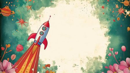 Grunge background with space rocket and flowers. Vector illustration.の素材
