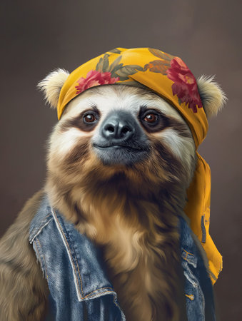 Portrait of a cute sloth wearing a bandana and a hatの素材