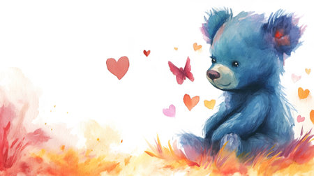 Watercolor illustration of a blue teddy bear sitting on the grass.の素材