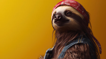 Portrait of a sloth in a red bandana on a yellow backgroundの素材
