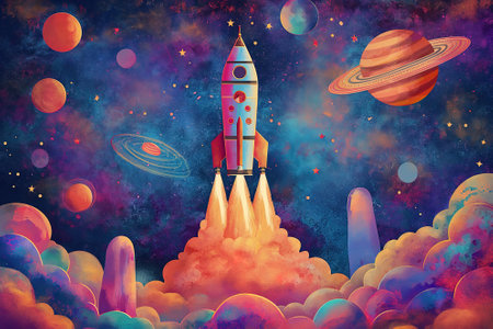 Rocket in space with planets and stars. Digital painting. Fantasy illustration.の素材