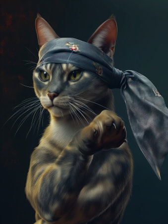 Portrait of a cat in a bandana on a dark backgroundの素材