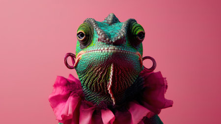 Close-up portrait of a chameleon on a pink backgroundの素材