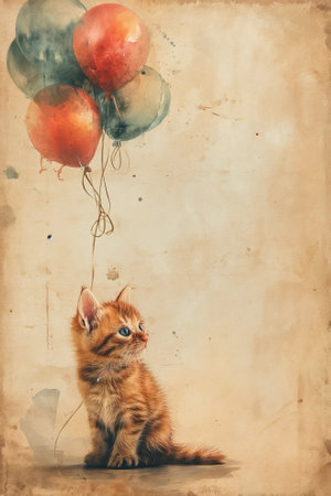 Cute little kitten with colorful balloons on old paper background, vintage styleの素材