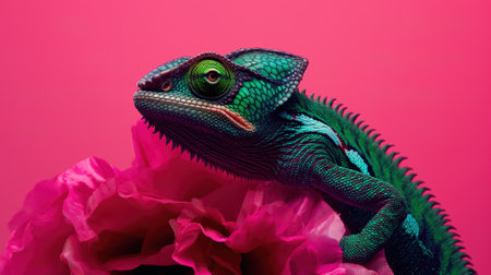 chameleon on a background of pink flowers. close-upの素材