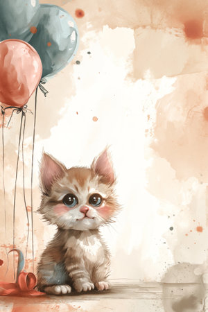 Cute little kitten with balloons on a background of watercolor.の素材
