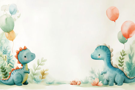 Watercolor illustration of cute dinosaurs with flowers and balloons on a white backgroundの素材