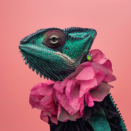 Chameleon in a dress and a flower on a pink backgroundの素材