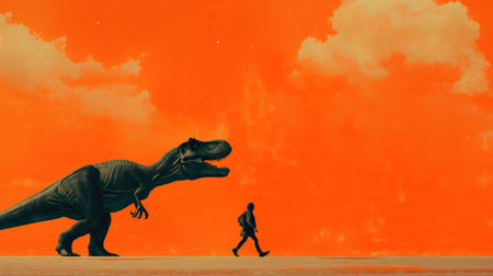 Silhouette of a man running away from a dinosaur on orange backgroundの素材