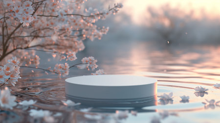 Cherry blossoms and podium on the water. 3D renderingの素材