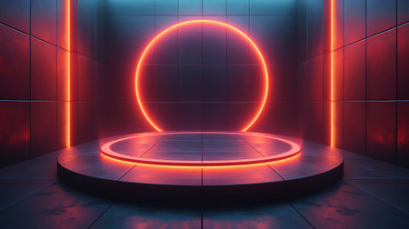 3d render, abstract background with neon light, round podium, empty space for product displayの素材