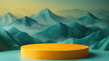 Minimalist abstract scene with yellow podium and mountains background. 3d renderの素材