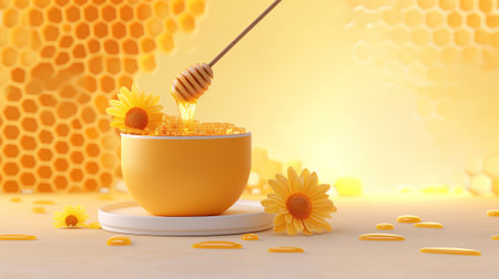 Honey in a bowl with honey dipper. 3d renderingの素材