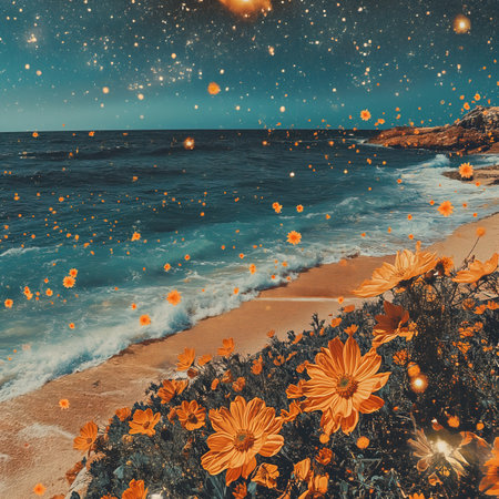 Colorful flowers on the beach under the starry sky. Collage.の素材