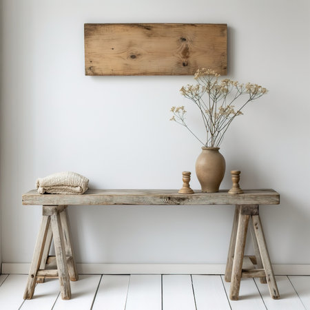 Interior of living room with wooden shelf, vase with dried flowers and wooden board. 3d renderの素材