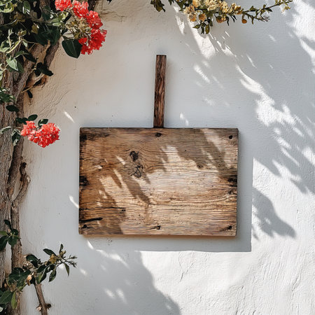 Wooden signboard on a white wall in the garden with flowersの素材