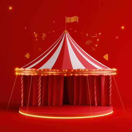 Circus tent with lights on red background. Vector illustration for your designの素材