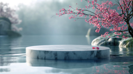 White marble podium with pink cherry blossom backgroundの素材