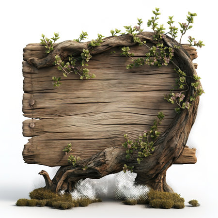 Wooden signboard with green leaves on white background. 3D illustration.の素材