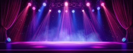 Stage with red curtains, spotlights and spotlights. Vector illustrationの素材