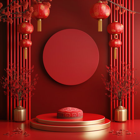 Podium round and red paper lantern on red background for Chinese New Year celebration. 3d renderの素材