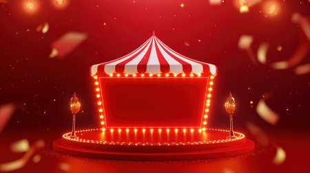 Circus tent with light bulbs on red background. Vector illustration.の素材