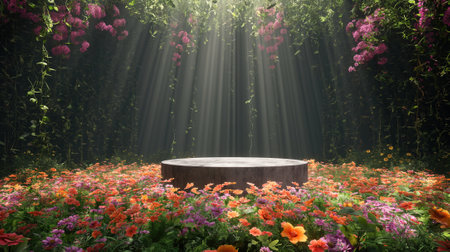 Empty podium in the garden with blooming flowers. 3d renderの素材