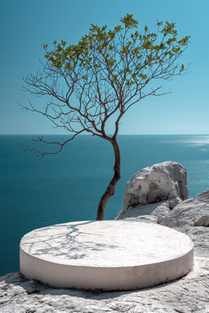 White podium on the background of the sea and a tree. 3d renderingの素材