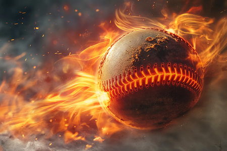 Baseball burning in flames on a dark background. 3d renderingの素材