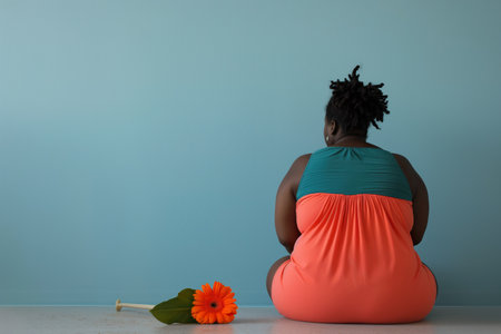 African american pregnant woman sitting on the floor with an orange flowerの素材