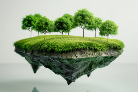 Green island with trees and grass. 3d render. Nature conceptの素材