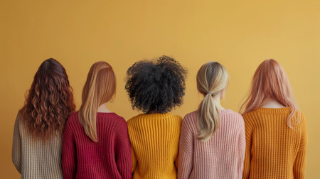 Rear view of diverse women standing back to back against yellow background.の素材