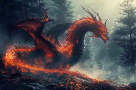 Fantasy dragon in the foggy forest. 3D illustration.の素材