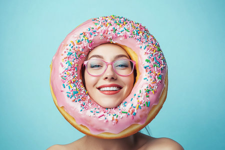 Funny girl with pink glazed donut on blue background.の素材