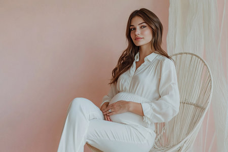 Beautiful pregnant woman in white clothes sitting in a wicker chair.の素材