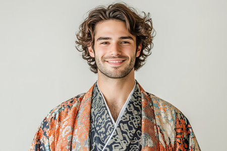 Portrait of handsome young man in kimono smiling at camera.の素材