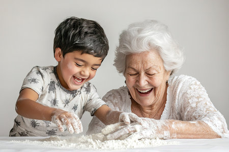 Grandmother and grandson playing with flour on a white background. Happy family concept.の素材