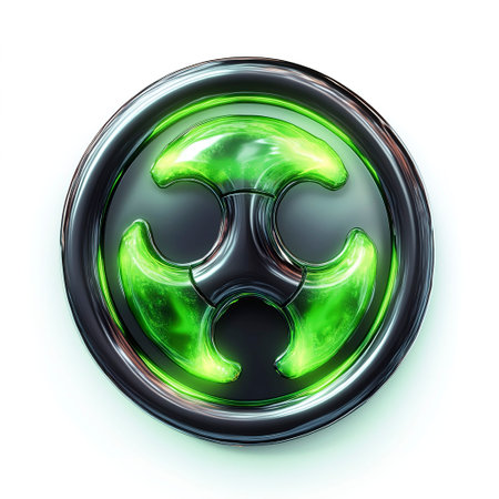 3d illustration of biohazard symbol in green circle over white background.の素材