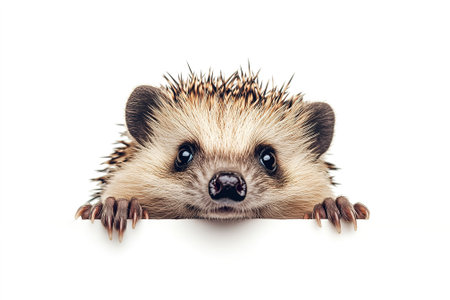 hedgehog peeking from behind a banner isolated on white backgroundの素材
