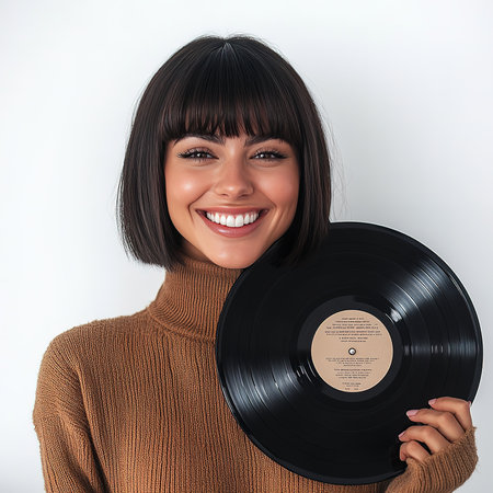 Attractive young woman holding vinyl record and smiling while standing against white backgroundの素材
