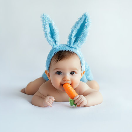 Cute baby boy wearing bunny ears and eating carrot, isolated on whiteの素材