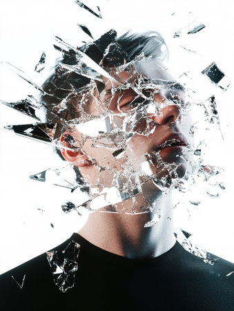Portrait of a young man with broken glass on a white background.の素材