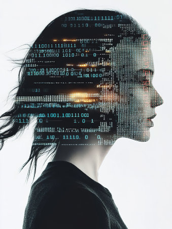 Side view portrait of young woman with head made of binary code. Technology conceptの素材