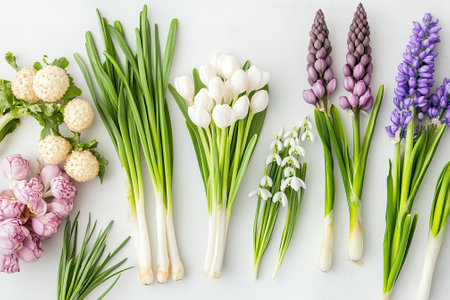 Spring flowers. Tulips, hyacinths and crocus on white backgroundの素材