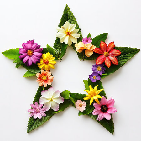 Flowers composition with star on white background. Flat lay, top viewの素材