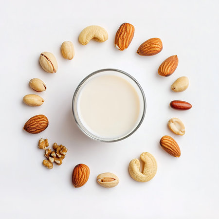 Almond milk in a glass and nuts on a white background, top viewの素材