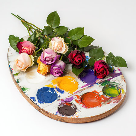 wooden palette with watercolors and roses on a white backgroundの素材