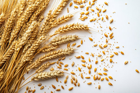Ears of wheat on a white background. View from above.の素材